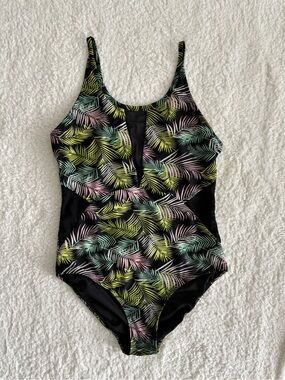 Alisha Levine Tropical Palm Leaf One Piece Swimsuit Mesh Cutout Sz 14